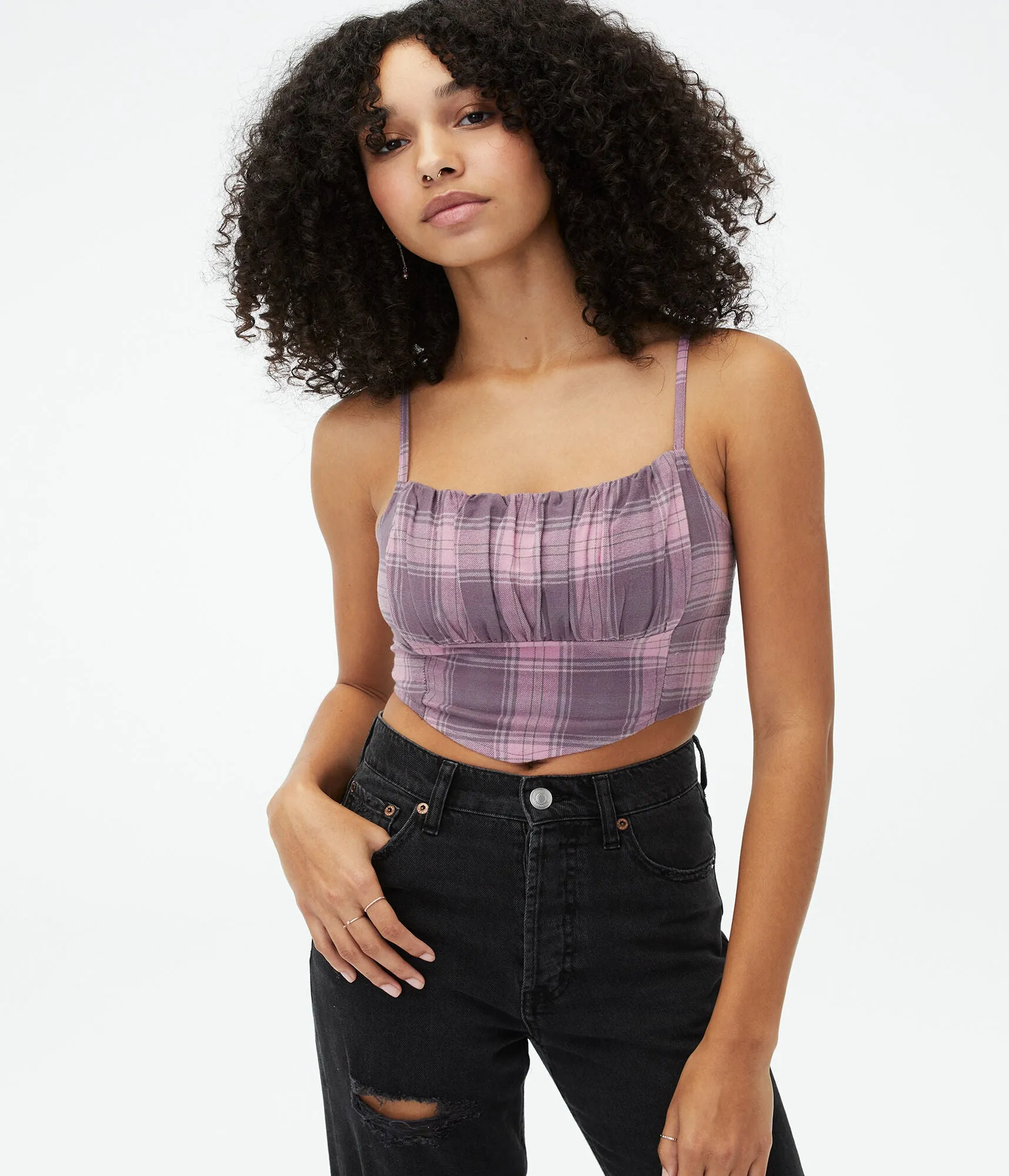 Aeropostale Damen Karo Cropped Bandana Cami - Dunkelviolett - Größe M - Baumwolle - Teen Mode & Bekleidung Steinviolett Aeropostale