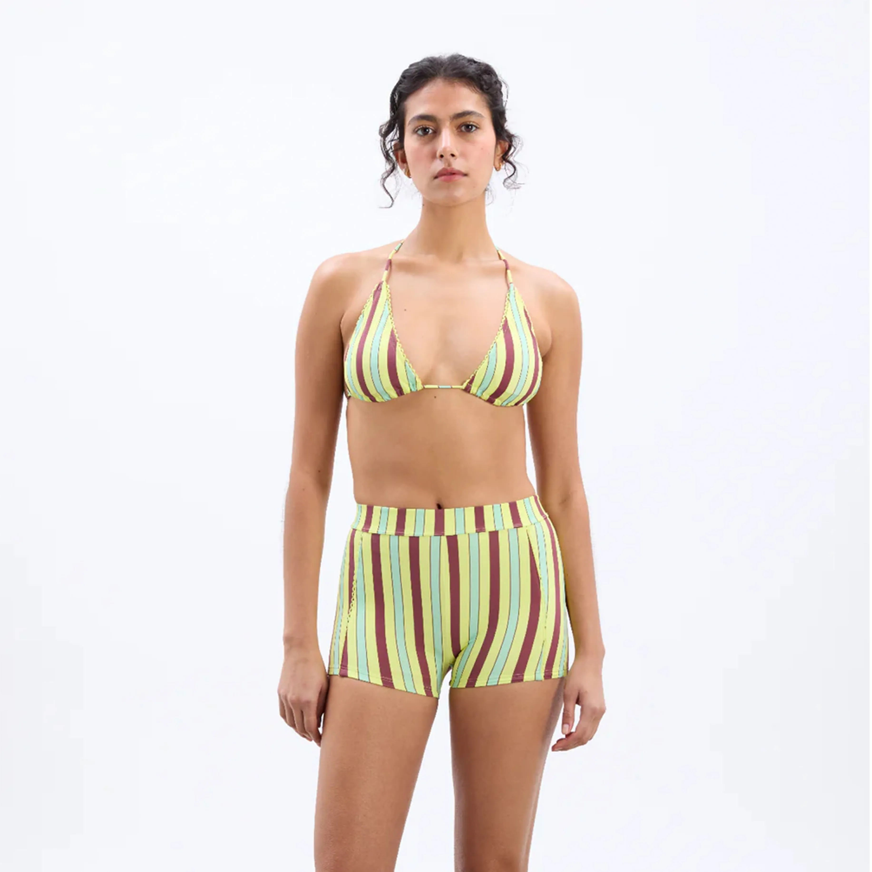 Damson Madder Picot-Saum Dreieck-Bikini Tropische Streifen Kleidung Damson Madder