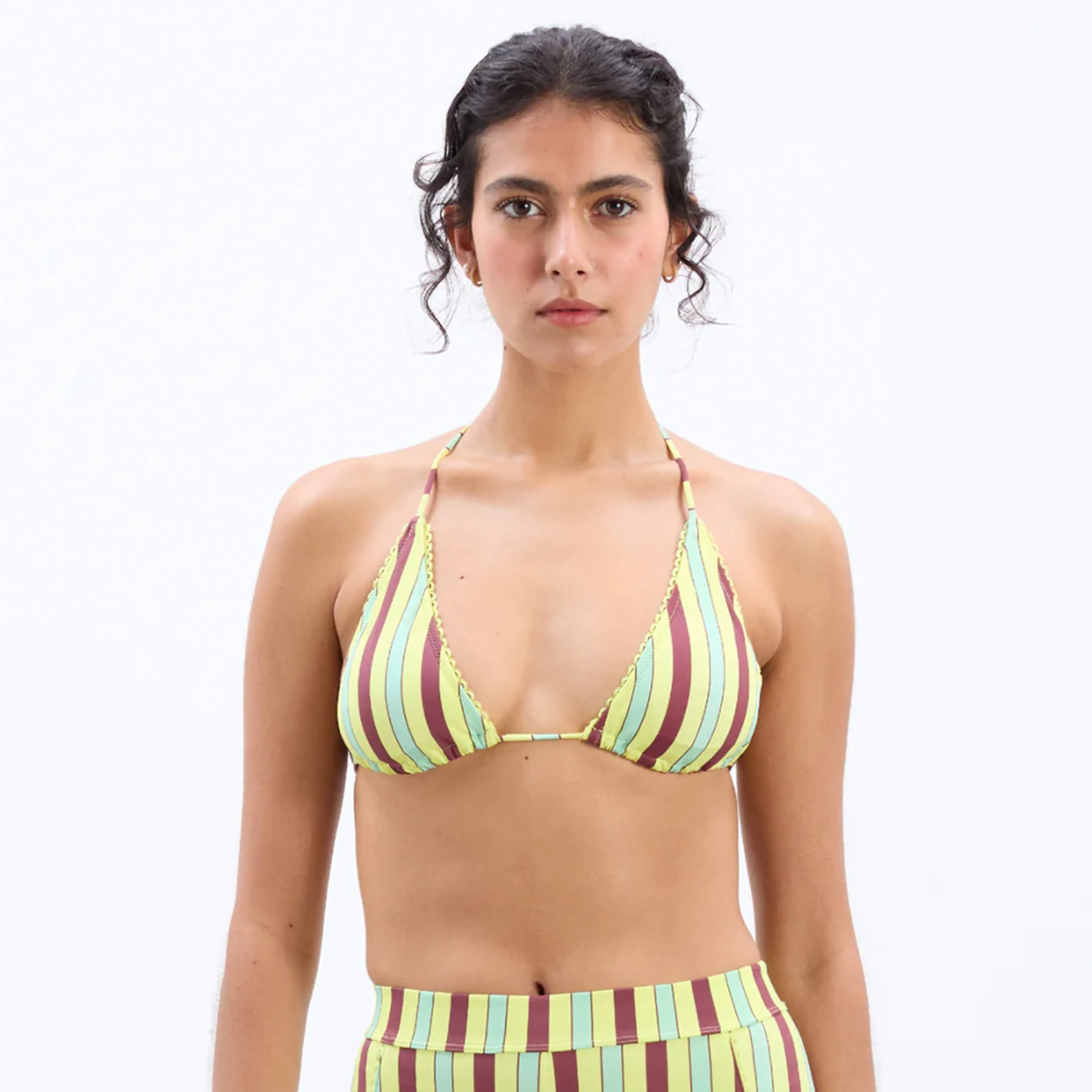 Damson Madder Picot-Saum Dreieck-Bikini Tropische Streifen Kleidung Damson Madder