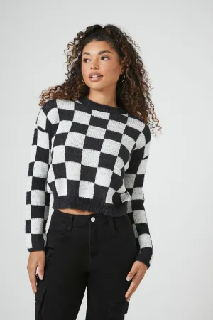 Forever 21 Gestrickte Karo-Crop-Pullover für Damen Schwarz/Creme Forever 21