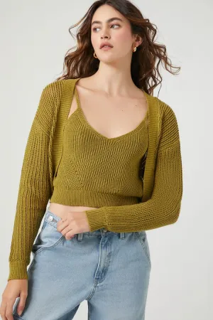 Forever 21 Strick-Cardigan im Cropped-Schnitt für Damen & Cami-Set Warmes Oliv Forever 21