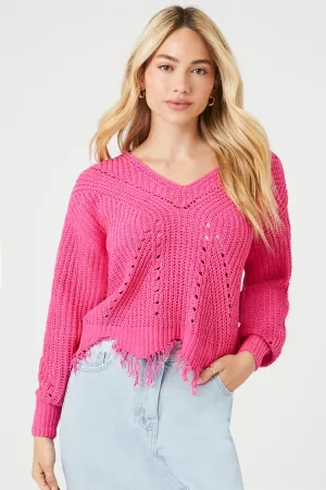 Forever 21 Strick Damen Sweater mit Ausreißern und Sharkbite-Ausschnitt Pink Forever 21