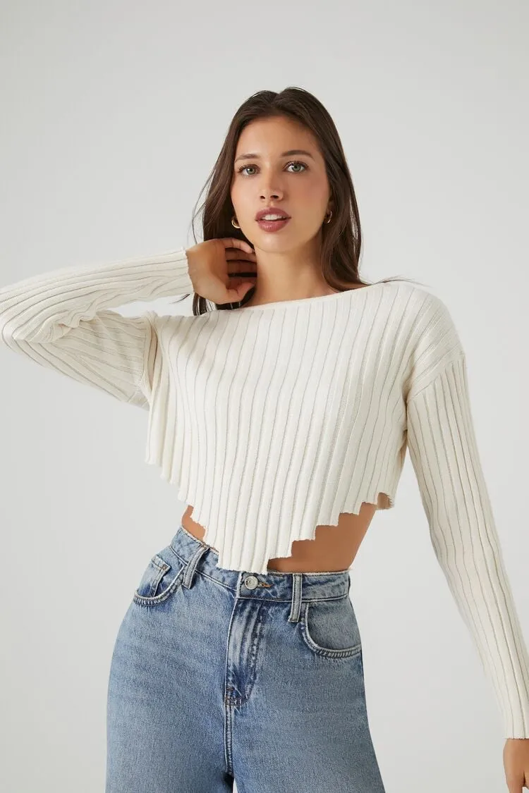 Forever 21 Strick Rippen Sharkbite Cropped Pullover Vanille Forever 21