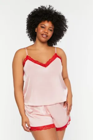 Forever 21 Plus Damen Spitzenbesetztes Cami & Shorts Pyjama-Set Pink/Rot Forever 21