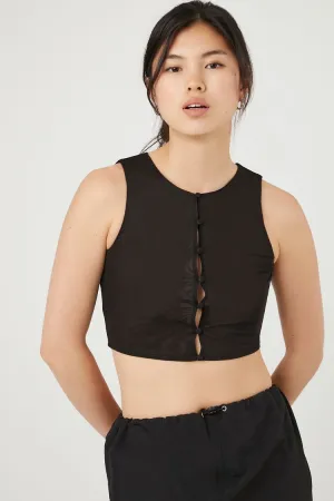 Forever 21 Damen Knopfleisten-Mesh-Crop-Top Schwarz Forever 21