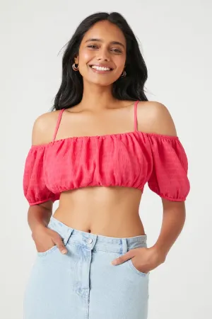 Forever 21 Damen Chiffon Off-the-Shoulder Crop Top in Knallrosa von Forever 21
