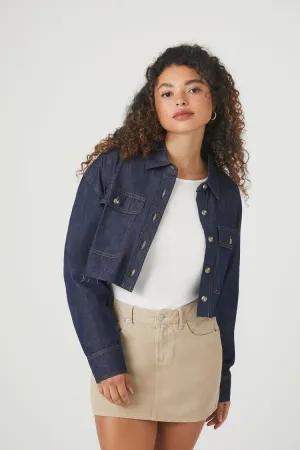 Forever 21 Damen Cropped Raw-Cut Denim Shirt Dunkelblau Forever 21