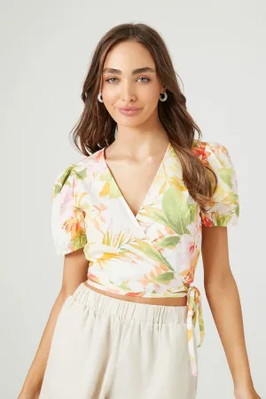 Forever 21 Damen Blumenmuster Kurzarm Wickel Crop Top Weiß/Mehrfarbig Forever 21