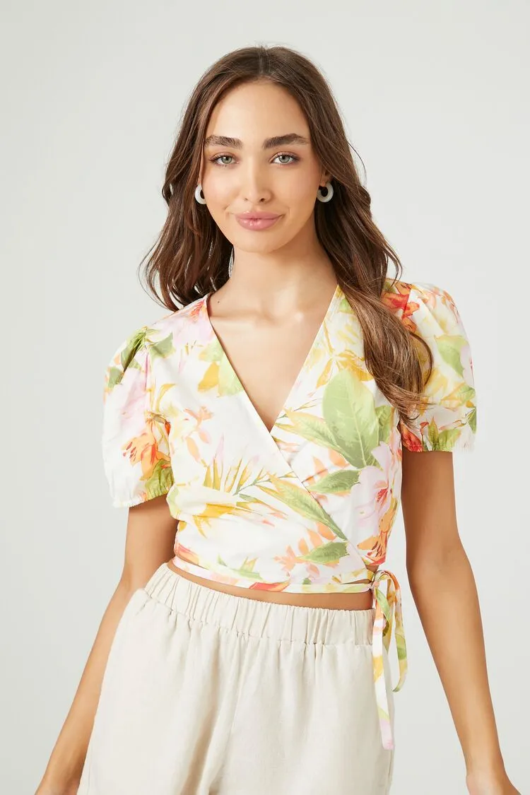 Forever 21 Damen Blumenmuster Kurzarm Wickel Crop Top Weiß/Mehrfarbig Forever 21