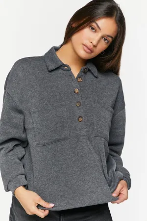 Forever 21 Damen Langarm-Hemd mit halber Knopfleiste in Anthrazit Forever 21
