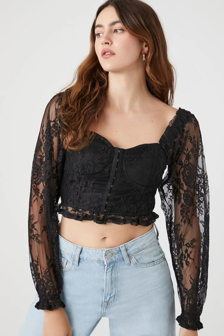 Forever 21 Damen Spitzen Sweetheart Korsett Crop Top Schwarz Forever 21