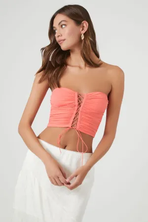 Forever 21 Damen Rüschen-Bändchen-Top mit Schnürung in Pfirsichknospe Forever 21