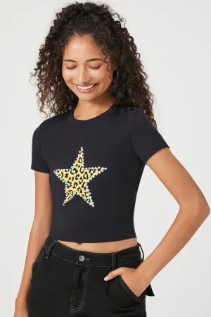 Forever 21 Damen Leopard Stern Grafik Crop T-Shirt Schwarz/Mehrfarbig Forever 21