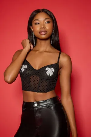 Forever 21 Damen Mesh-Punkte & Schleifen-Korsett Schwarz/Silber Forever 21