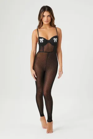 Forever 21 Damen Mesh-Punkte & Schleifen-Lingerie-Overall Schwarz/Silber Forever 21