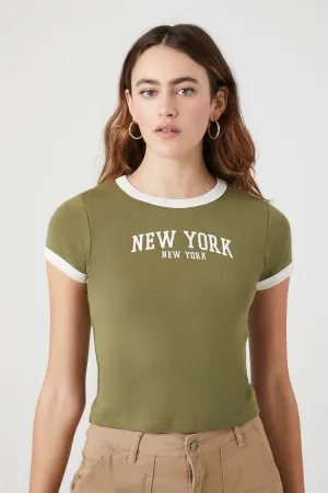 Forever 21 Damen New York Graphic Ringer T-Shirt Olive/Creme Forever 21