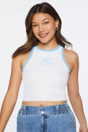 Forever 21 Damen Palm Beach Club Graphic Ringer Crop Top Blau/Weiß Forever 21