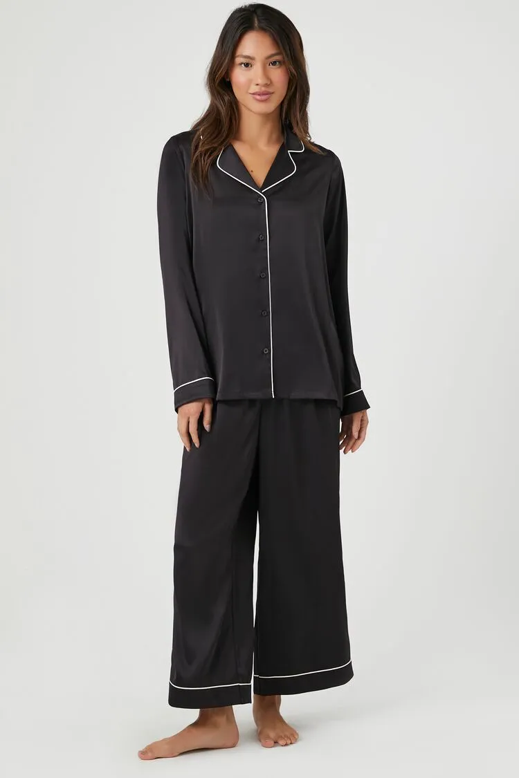Forever 21 Damen Pyjama-Set mit Paspelierung Hemd & Shorts Schwarz/Weiß Forever 21