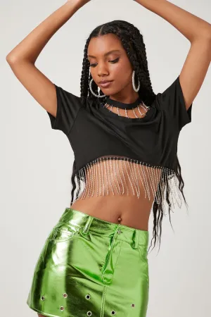 Forever 21 Damen Strass-Fransen Cropped T-Shirt Schwarz Forever 21