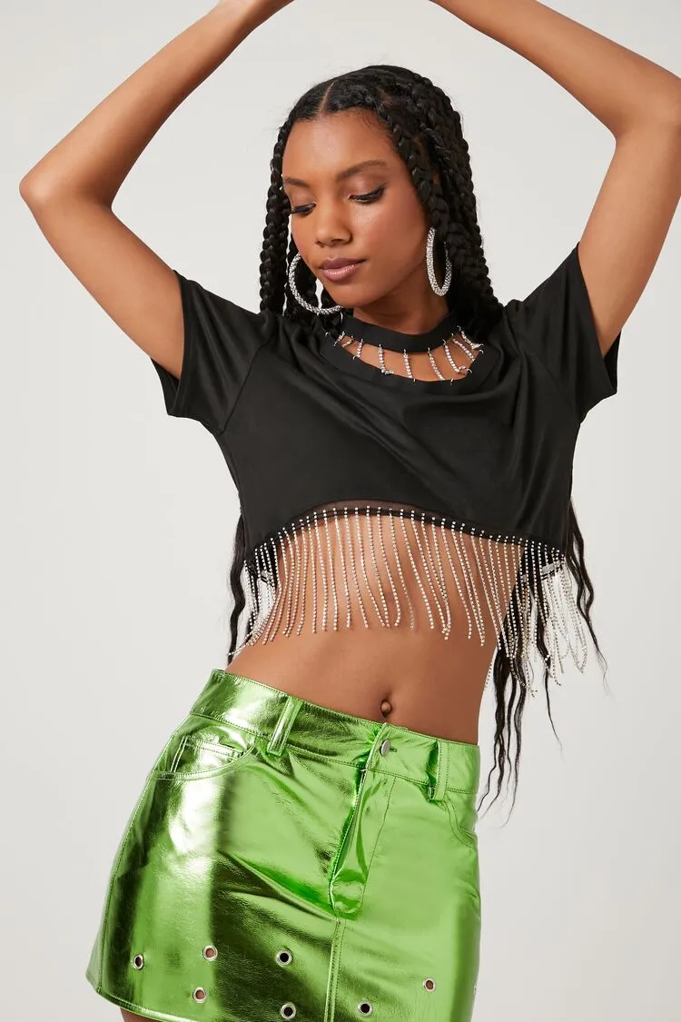 Forever 21 Damen Strass-Fransen Cropped T-Shirt Schwarz Forever 21