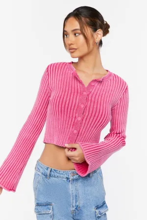 Forever 21 Damen Ripptes Glockenärmel Crop Top Fuchsia Forever 21