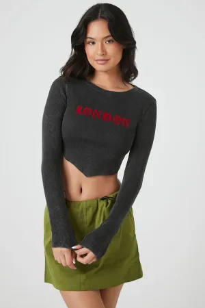Forever 21 Damen Rippen London Grafik Cropped T-Shirt Anthrazit/Mehrfarbig Forever 21