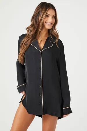 Forever 21 Damen Satin Pyjama-Shirtkleid mit Paspelierung Schwarz/Beige Forever 21