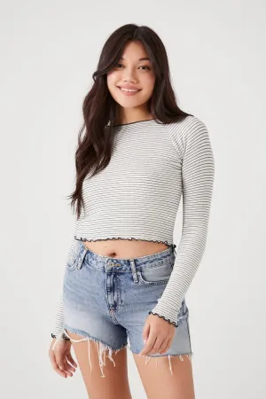 Forever 21 Damen Rüschenrand Crop Top mit Streifen in Vanille/Navy Forever 21