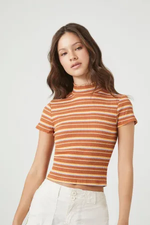 Forever 21 Damen Gestreiftes Mock Neck T-Shirt Rost/Mehrfarbig Forever 21