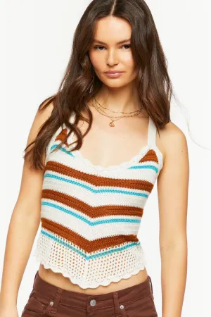 Forever 21 Damen Gestreiftes O-Ring Ausschnitt Schräg geschnittenes Crop Top Braun/Mehrfarbig Forever 21